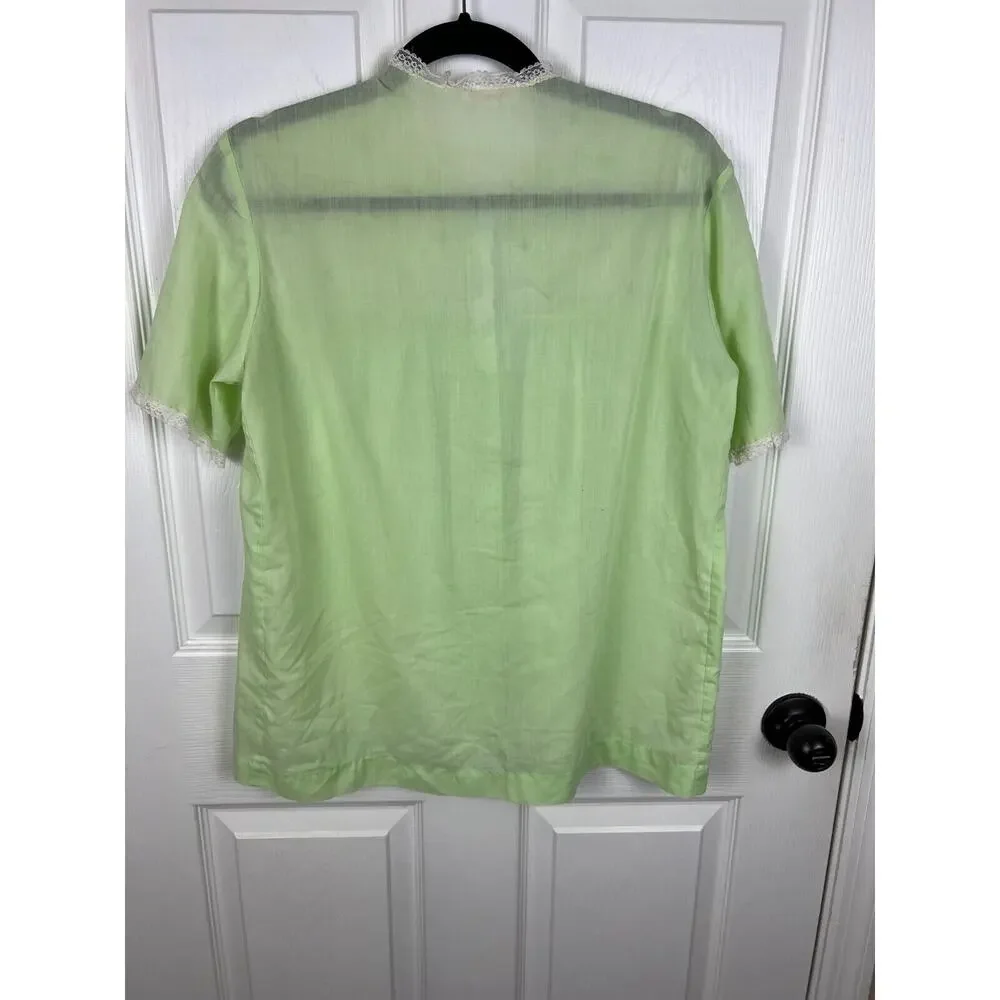 Vintage‎ 50s 60s cotton embroidered green floral lace button up night shirt L - Picture 9 of 9